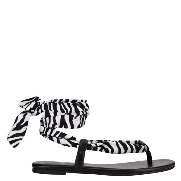 Nine West Trap Ankle Wrap White Black Flat Sandals | South Africa 29G15-2L94